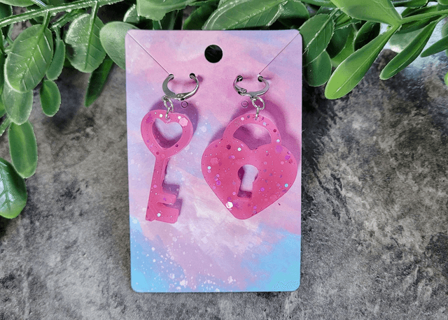 Earrings | Pink Glitter Heart Lock and Key | Stainless Steel Hoops