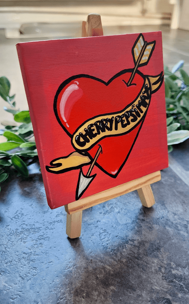 Original Mini Canvas Painting – Cherry Pepsi Max Tattoo Heart & Arrow with Scroll