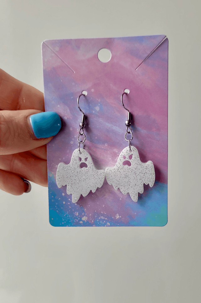 Earrings | Angry Ghost - White with Silver Glitter | Stainless Steel Hooks or Hoops