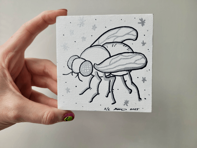 Original Mini Canvas Painting – Black & Silver Fly