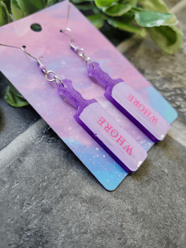 Earrings | WHORE Purple Glitter Paddle Earrings | Stainless Steel Hooks