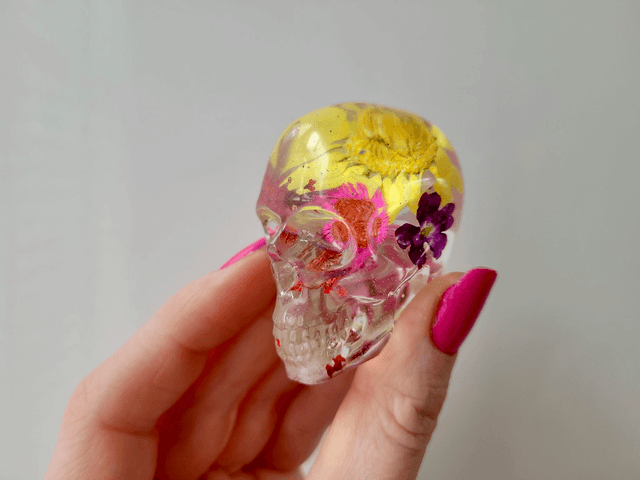 Skull Ornament - Medium -  Clear with Dried Flowers - Pinks and Yellow