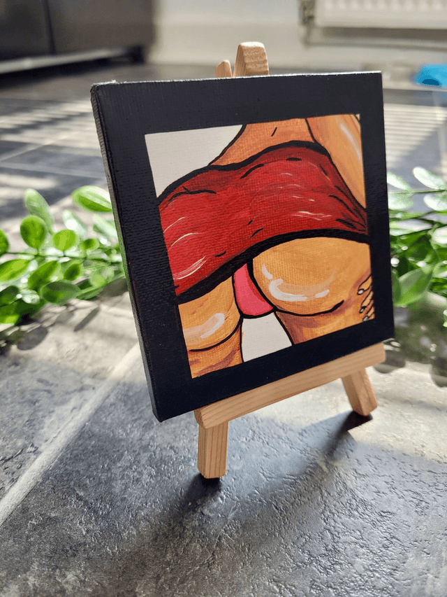 Original Mini Canvas Painting – Red Skirt and Rebellion - Butt Painting Black Border
