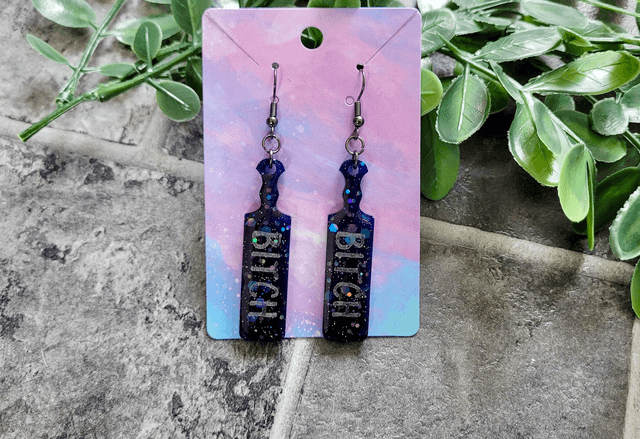 Earrings | Blue-Black Holographic Glitter BITCH earrings  | Stainless Steel Gunmetal Black Hooks