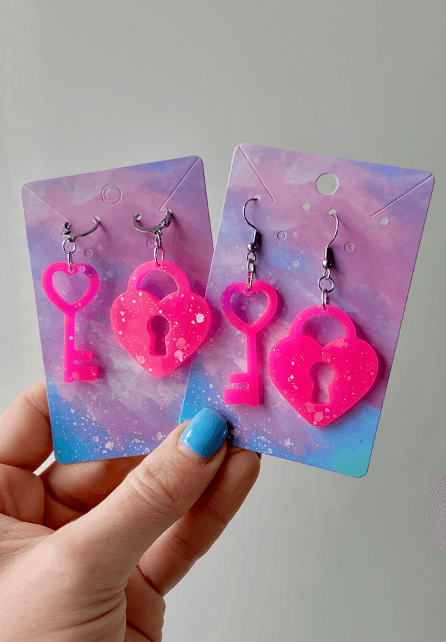 Earrings | Bright Neon Pink Glitter Heart Lock and Key | Stainless Steel Hoops