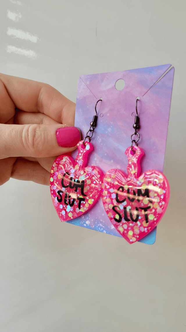 Earrings | CUM SLUT Heart Bright Pink Glitter Paddle Earrings | Stainless Steel Gunmetal Black Hooks