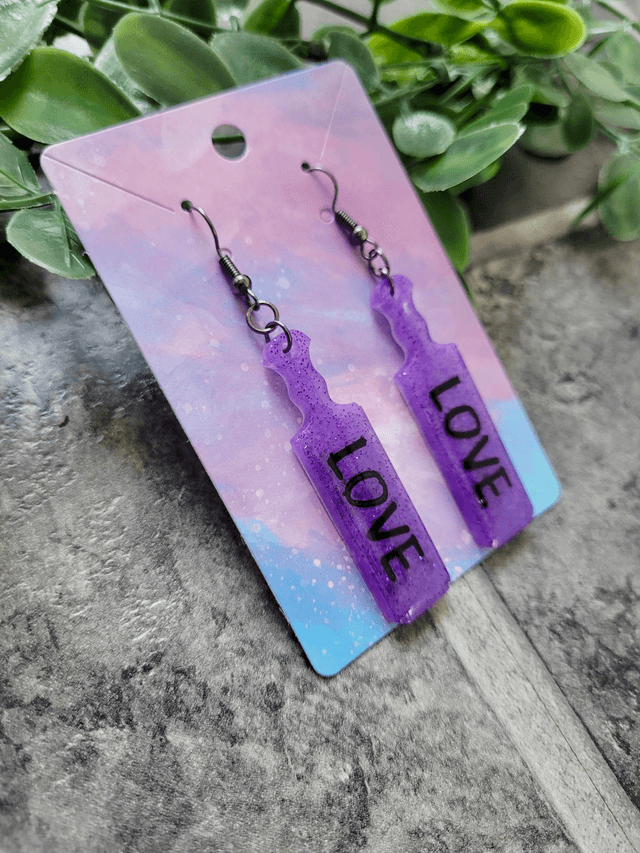 Earrings | Purple Glitter LOVE Paddle Earrings | Stainless Steel Leverback Hooks