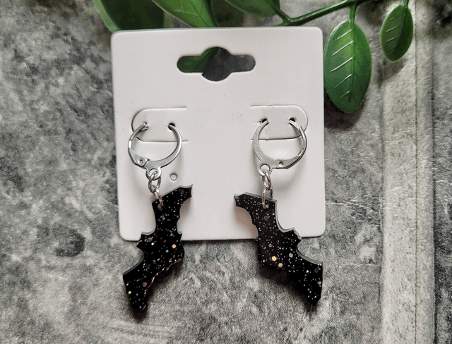 Earrings | Glittery Bats - Black Bats with Silver Glitter Sparkle | Stainless Steel Hoops