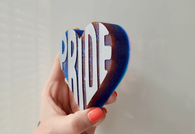 PRIDE Heart - Silver Text, Blue and Purple Glittery Heart Ornament
