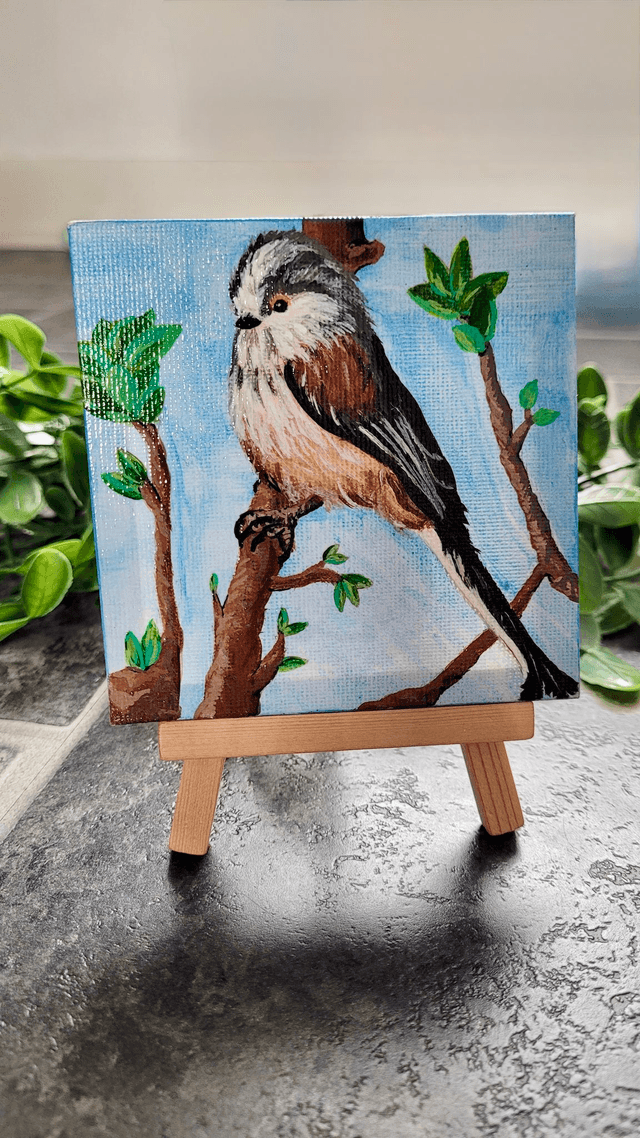 Original Mini Canvas Painting – Feathers and Fresh Leaves – Miniature Long-Tailed Tit Bird Painting