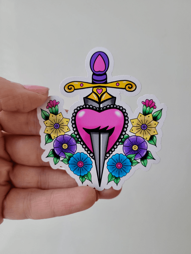 Floral Heart & Dagger Vinyl Sticker