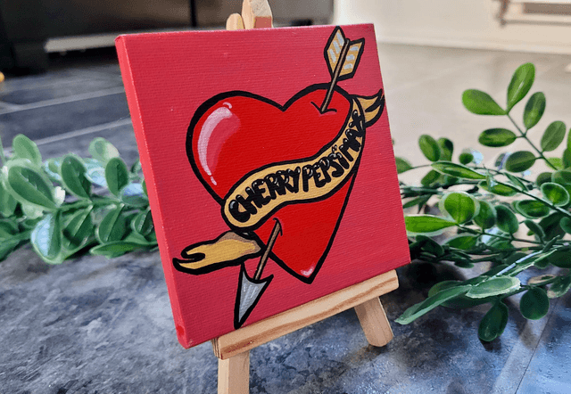 Original Mini Canvas Painting – Cherry Pepsi Max Tattoo Heart & Arrow with Scroll