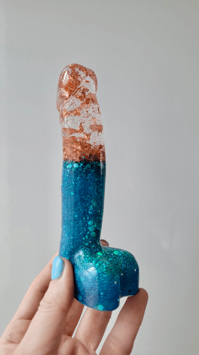 Penis Ornament -Blue Glitter & Copper Leaf Split - Medium 14.5cm