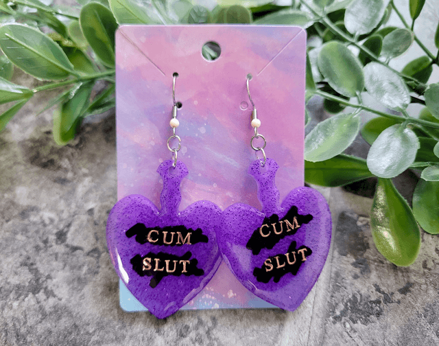 Earrings | CUM SLUT Heart Purple Glitter Paddle Earrings | Stainless Steel Hooks