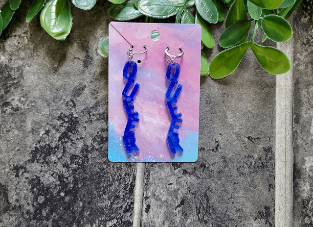 Earrings- Dark Blue Glitter QUEER Earrings | Stainless Steel Leverback Hoops