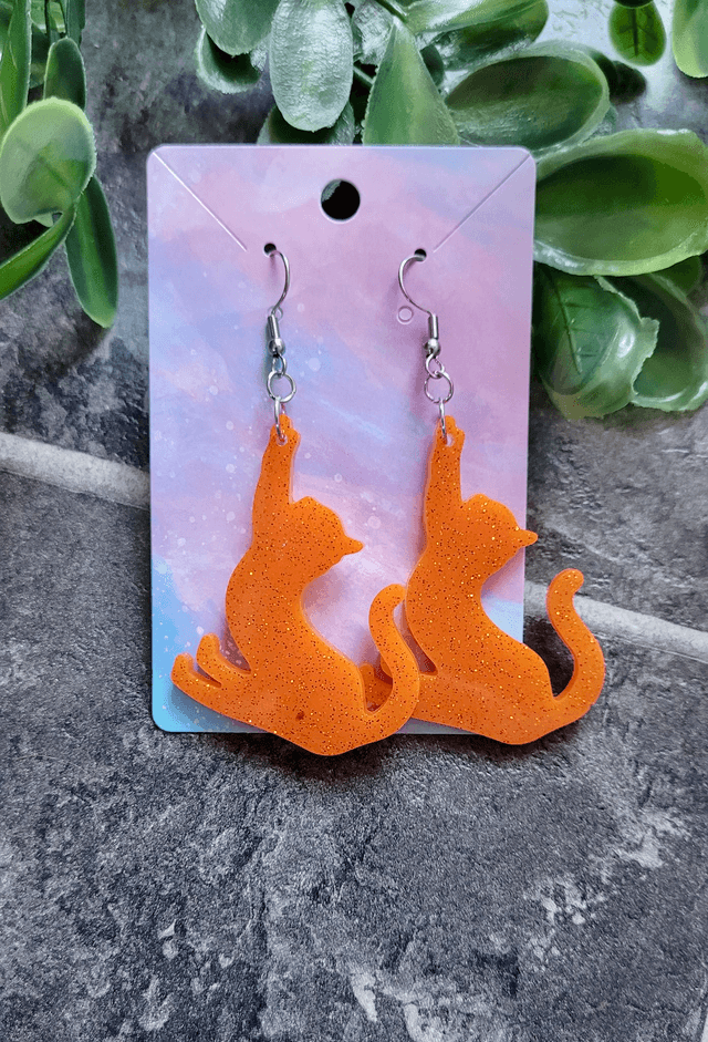 Earrings | Orange Glitter Ginger Cats Stretching | Cat Stainless Steel Hoops or Hooks