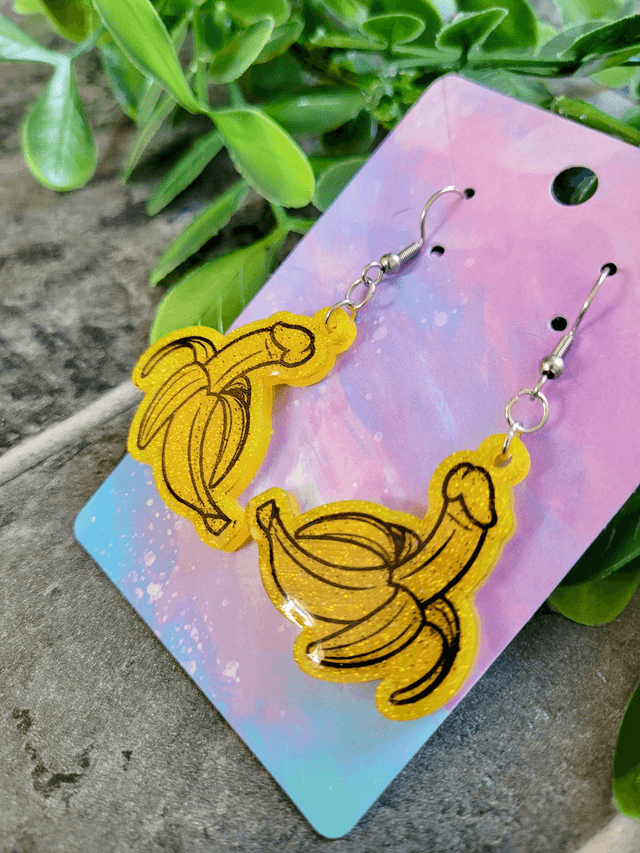 Earrings | Yellow Glitter Penis Bananas - Various Designs & Fittings | Stainless Steel Hooks or Hoops