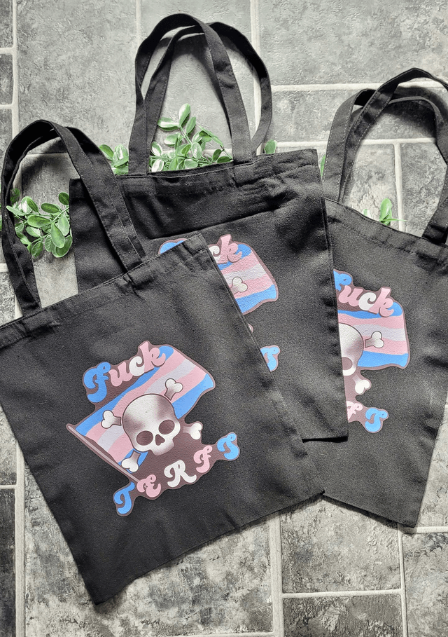 F*ck TERFs Skull, Trans Flag Pride Design | Black Tote Bag