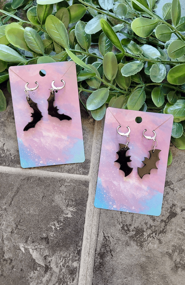 Earrings | Glossy Black Bats - Various Designs | Stainless Steel Hoops