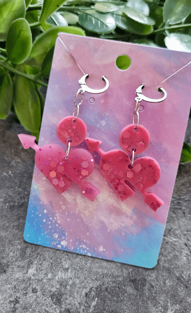 Earrings | Dusty Pink Glitter Heart and Arrow | Stainless Steel Lever back Hoops