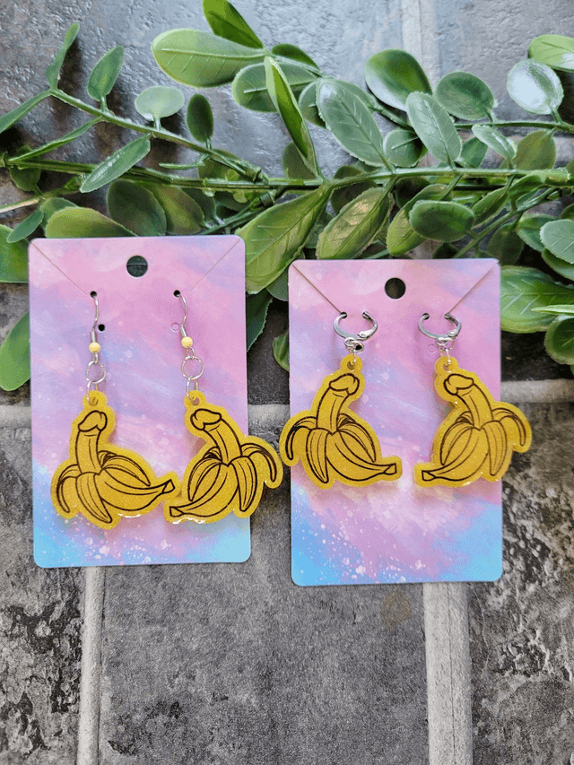 Earrings | Yellow Glitter Penis Bananas - Various Designs & Fittings | Stainless Steel Hooks or Hoops
