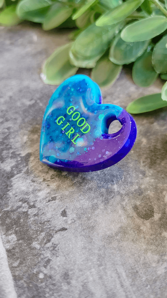 GOOD GIRL Blue Glitter Swirl Heart Resin Pin Badge