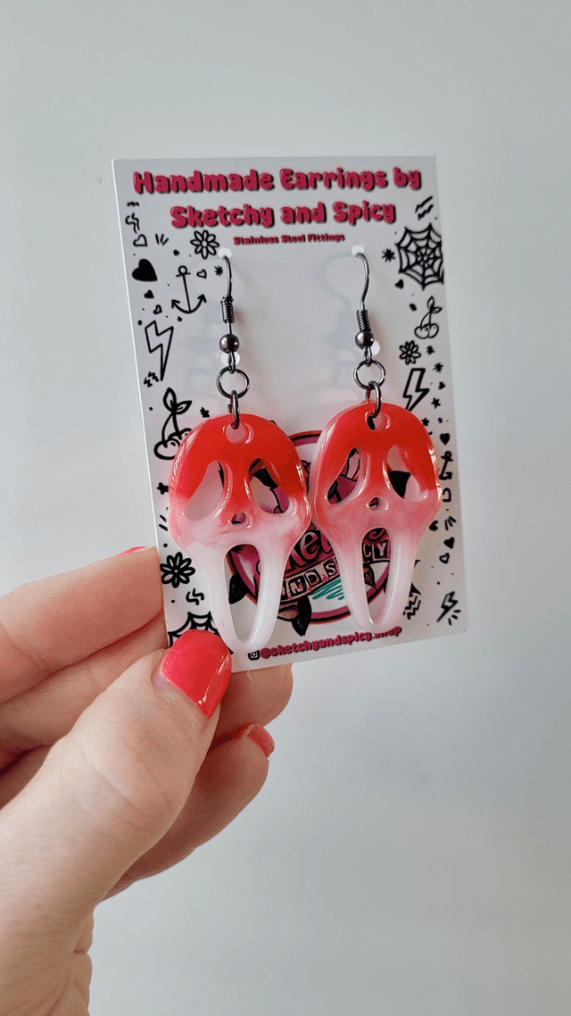 Earrings | Bloody Ghostface Scream Earrings - White Bloody | Stainless Steel Hooks