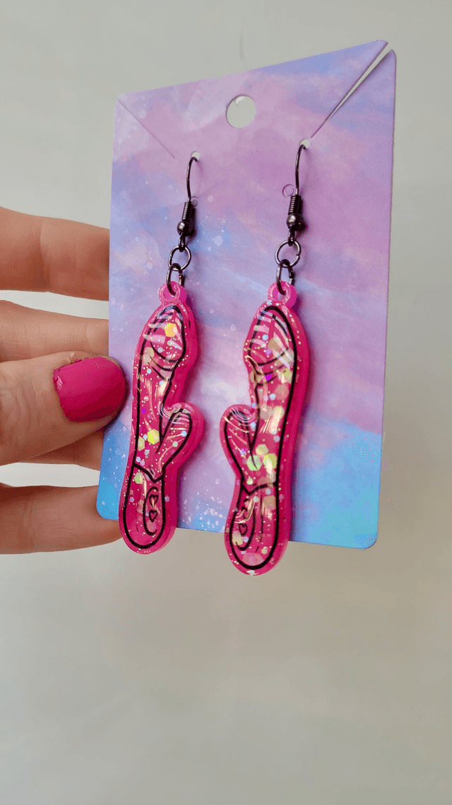 Earrings | Bright Pink Glitter Rabbit Vibrator Earrings | Stainless Steel Hooks