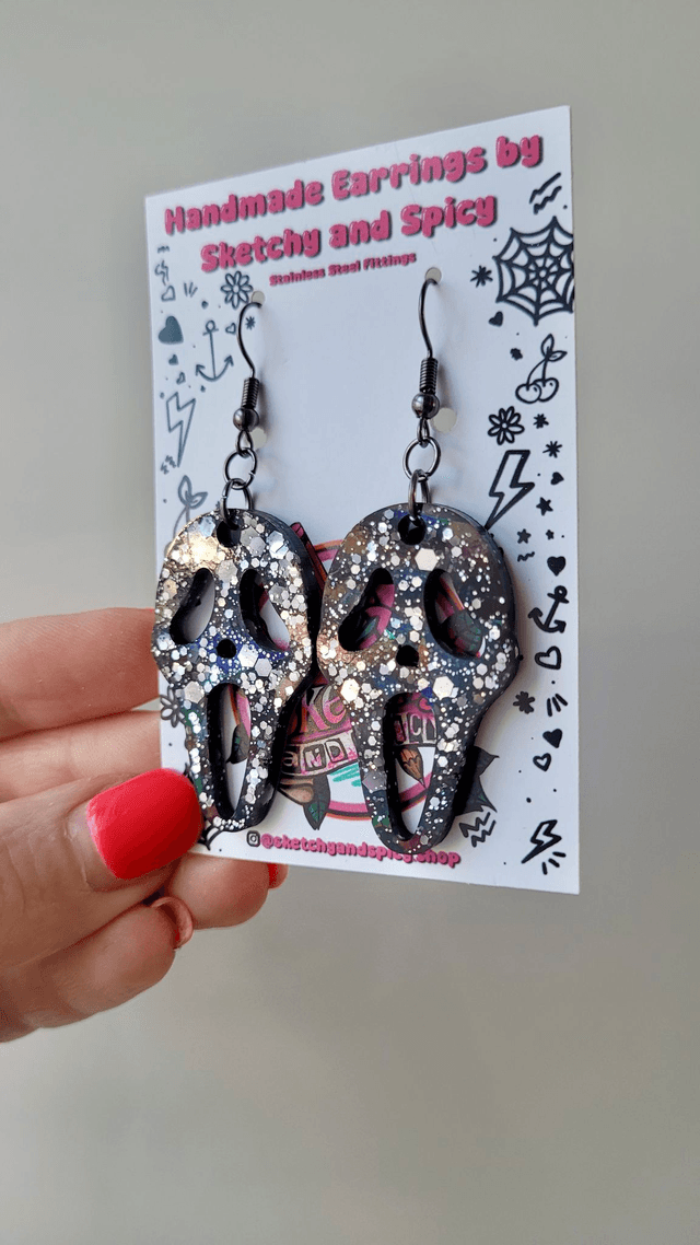 Ghostface Earrings - Black and Silver Glitter | Scream Horror | Stainless Steel Hooks