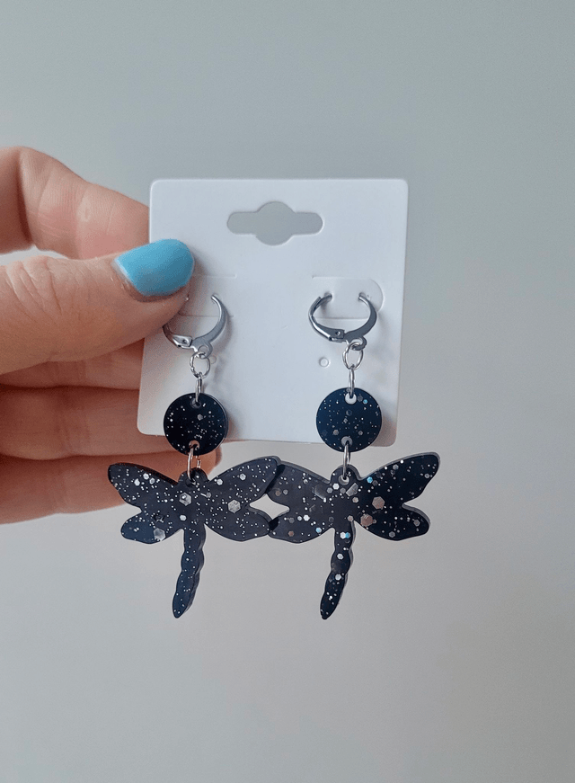 Black Dragonfly Glitter Earrings – Gothic Statement Jewellery