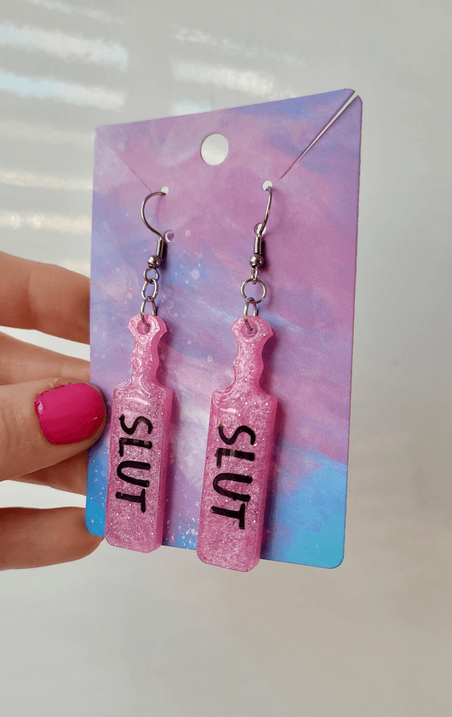 Earrings | SLUT Paddle Earrings Light Pink Glitter | Stainless Steel Hooks