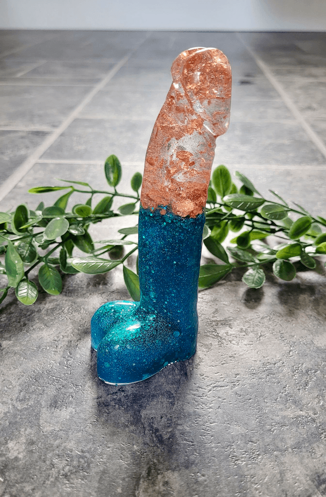 Penis Ornament -Blue Glitter & Copper Leaf Split - Medium 14.5cm