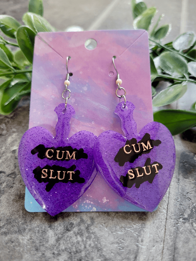 Earrings | CUM SLUT Heart Purple Glitter Paddle Earrings | Stainless Steel Hooks