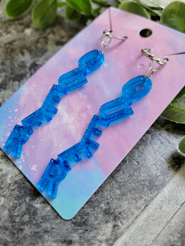 Earrings- Blue Glitter QUEER Earrings | Stainless Steel Leverback Hoops