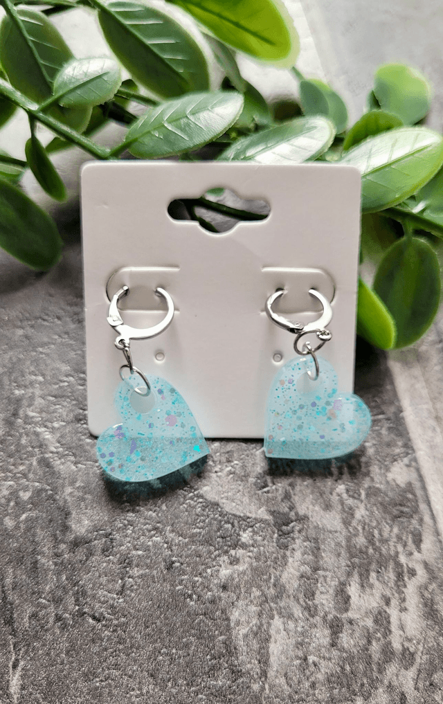 Earrings | Blue-White Glitter Hearts | Stainless Steel Hoops