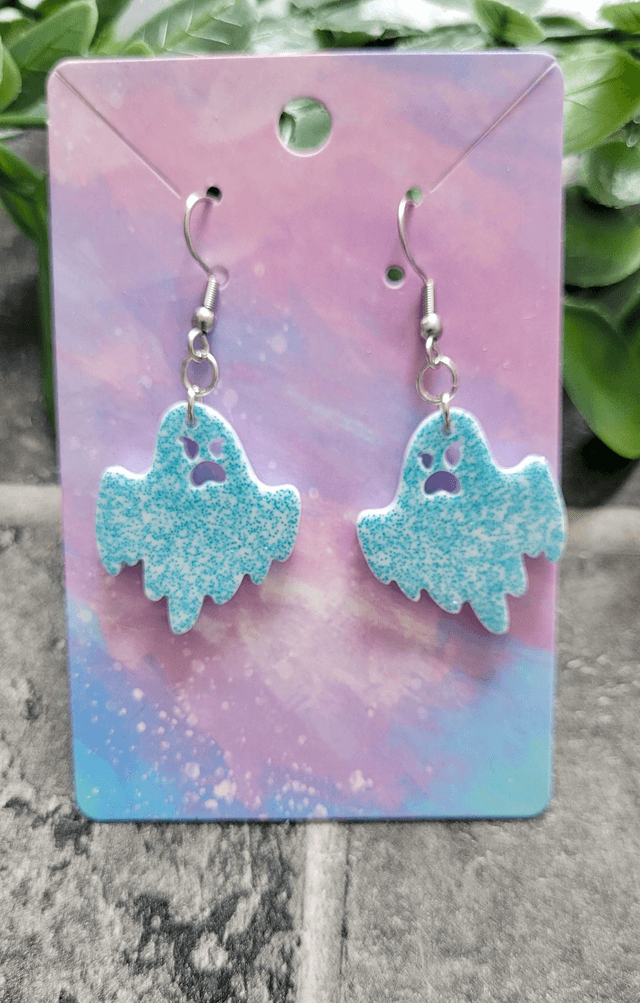 Earrings | Angry Ghost - White with Blue Glitter | Stainless Steel Hooks