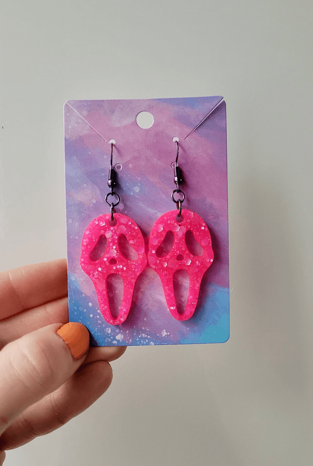Earrings | Ghostface - Scream - Hot Pink Glitter Earrings | Stainless Steel Hooks - Gunmetal Black Hooks