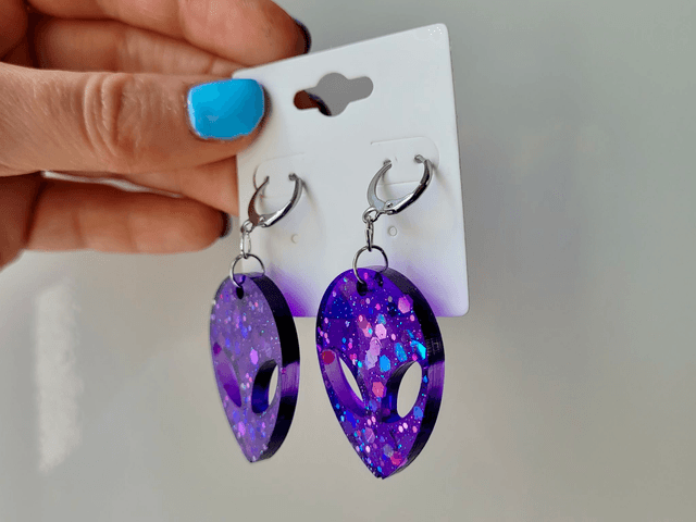 Earrings | Purple Glitter Alien Head | Stainless Steel Hoops