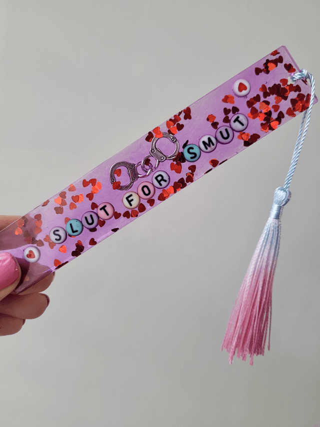 Slut for Smut Heart Glitter & Handcuff Bookmark