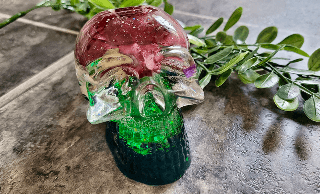 Skull Ornament - Large - Green & Clear Flower Floral Glitter