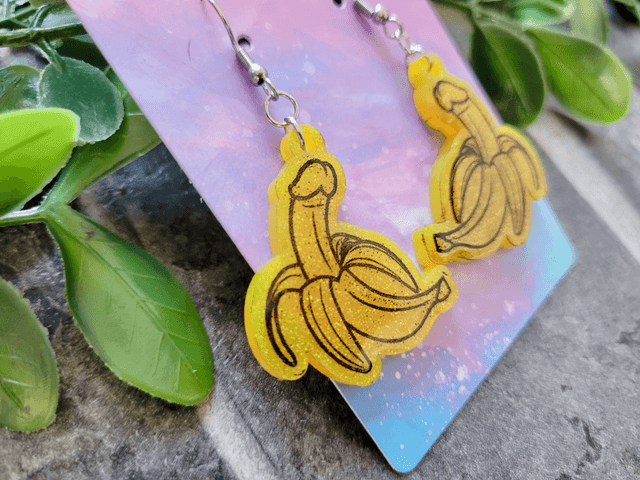 Earrings | Yellow Glitter Penis Bananas - Various Designs & Fittings | Stainless Steel Hooks or Hoops