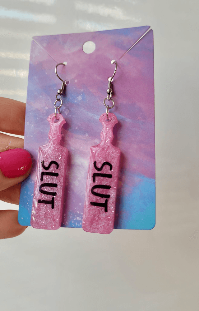 Earrings | SLUT Paddle Earrings Light Pink Glitter | Stainless Steel Hooks