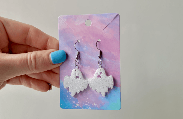 Earrings | Angry Ghost - White with Silver Glitter | Stainless Steel Hooks or Hoops