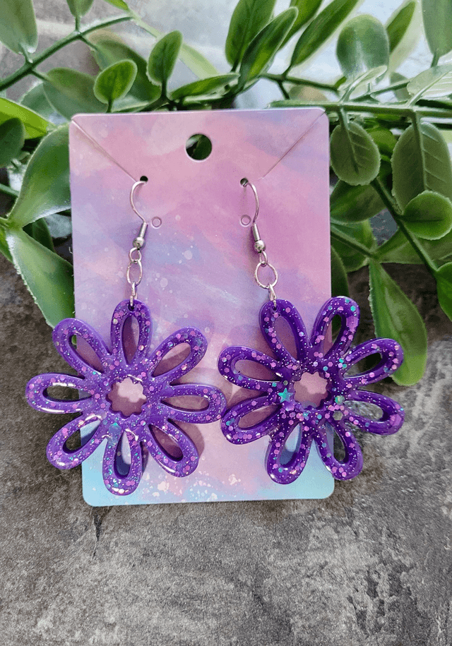 Earrings | Purple Glitter Flowers | Stainless Steel Shepherd Hooks