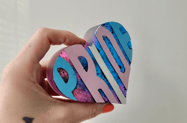 PRIDE Heart - Pink & Blue Glitter, Trans Flag Colours Text Heart Ornament