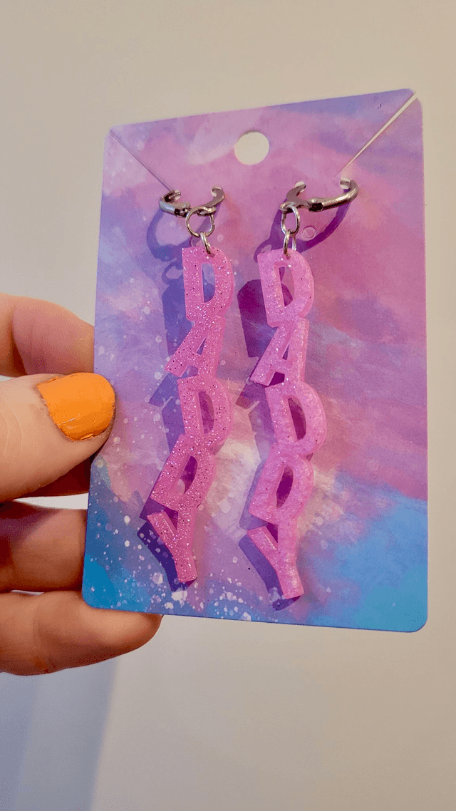Earrings | DADDY - Light Pink Glitter | Stainless Steel Lever back Hoops