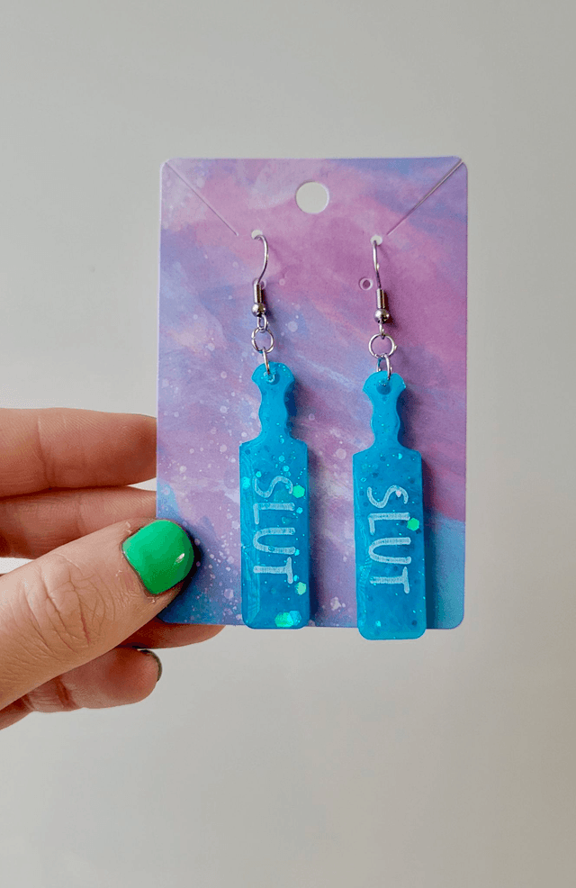 Earrings | SLUT Paddle Earrings Teal Blue Glitter | Stainless Steel Hooks