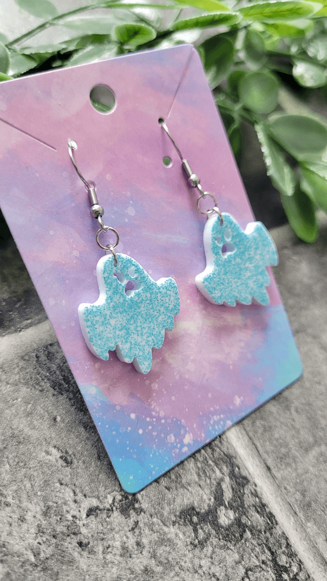Earrings | Angry Ghost - White with Blue Glitter | Stainless Steel Hooks