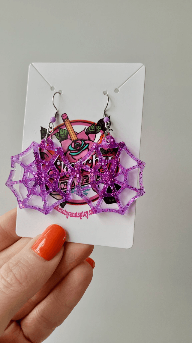 Earrings | Purple Glitter Spiderwebs | Stainless Steel Hooks