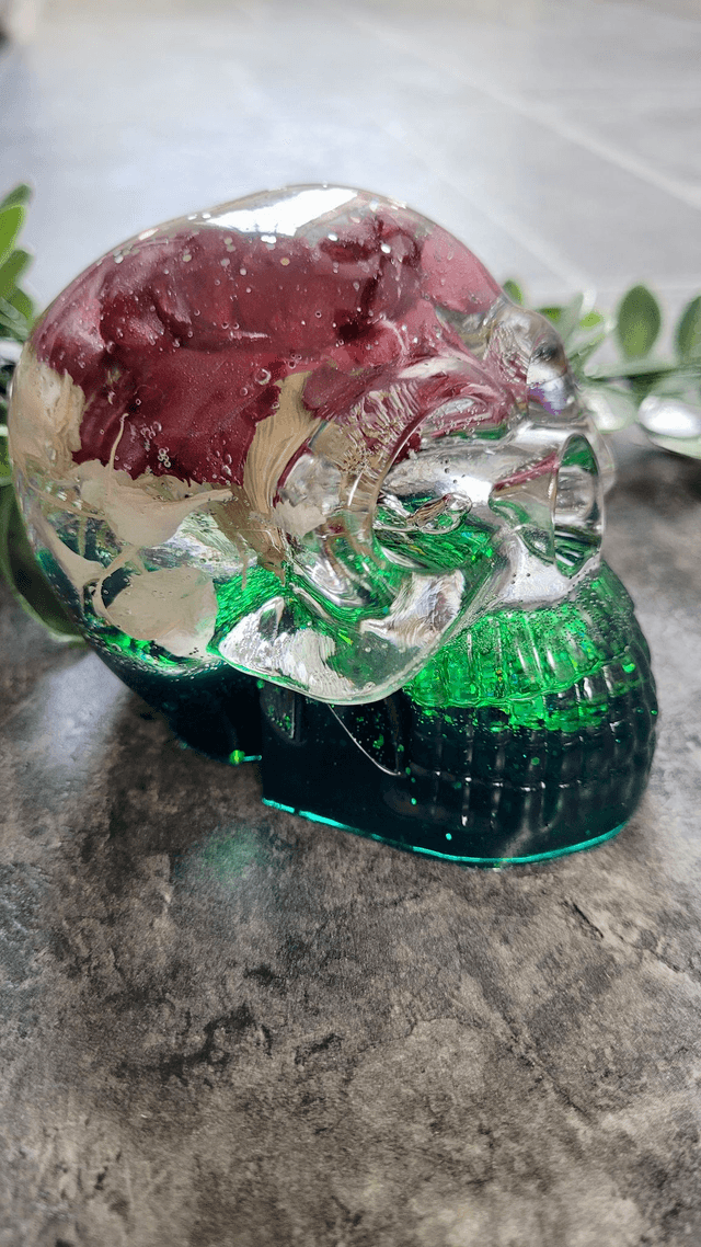 Skull Ornament - Large - Green & Clear Flower Floral Glitter